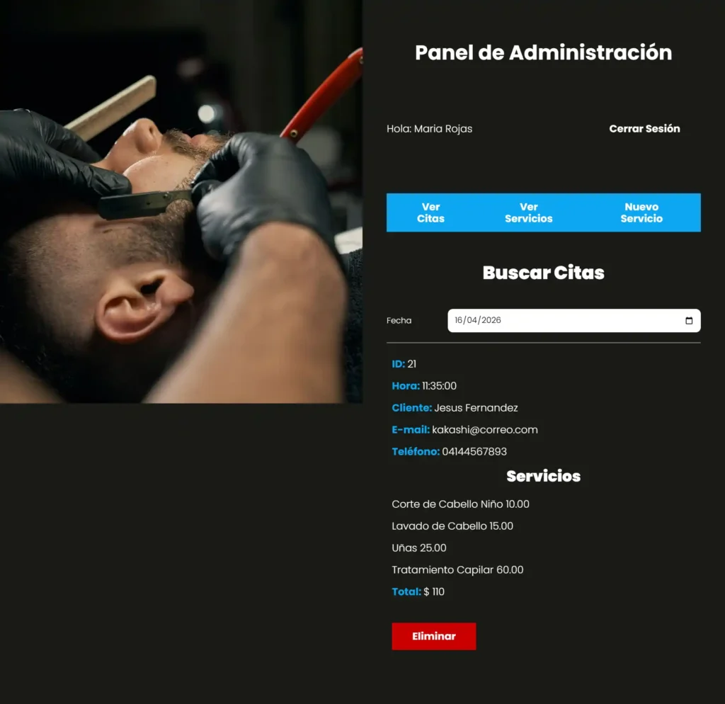 Panel de administración web para gestionar citas programadas y servicios de forma sencilla