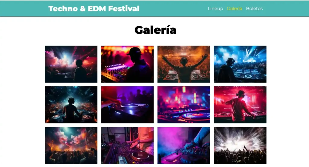 Galería en mosaico de la landing page mostrando fotos inmersivas del evento.