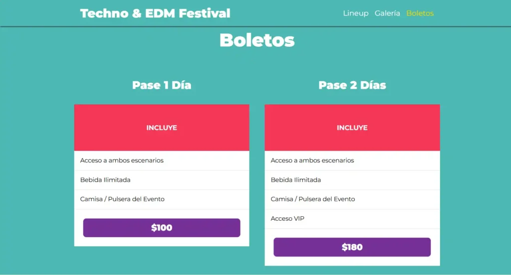 Diseño visual de la sección de tickets en la landing page con comparativa de niveles y categorías de acceso.