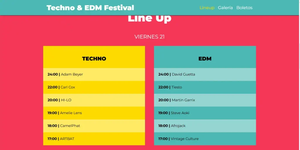Jerarquía visual del lineup en la landing page: organización clara de artistas principales.