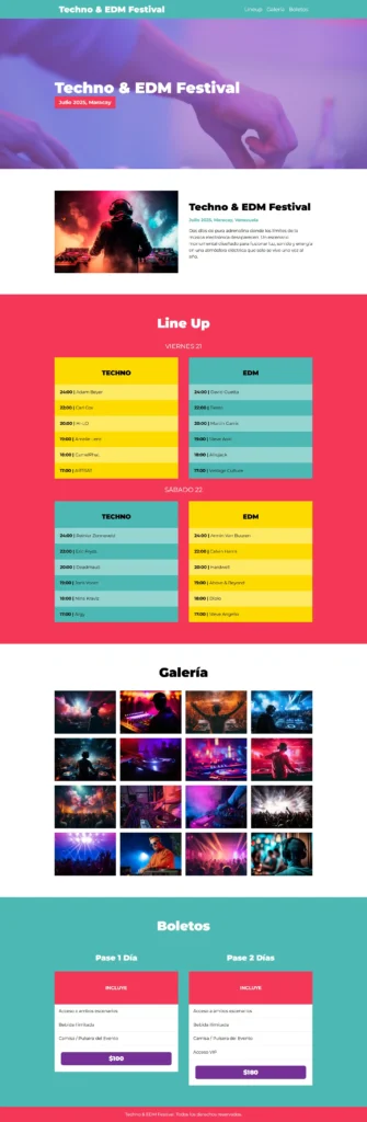 Interfaz visual de la landing page resaltando la identidad de marca y branding mediante bloques de color sólido.