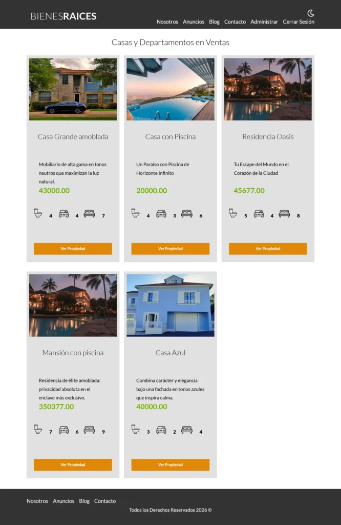 Catálogo de propiedades dinámico integrado en la página web inmobiliaria.
