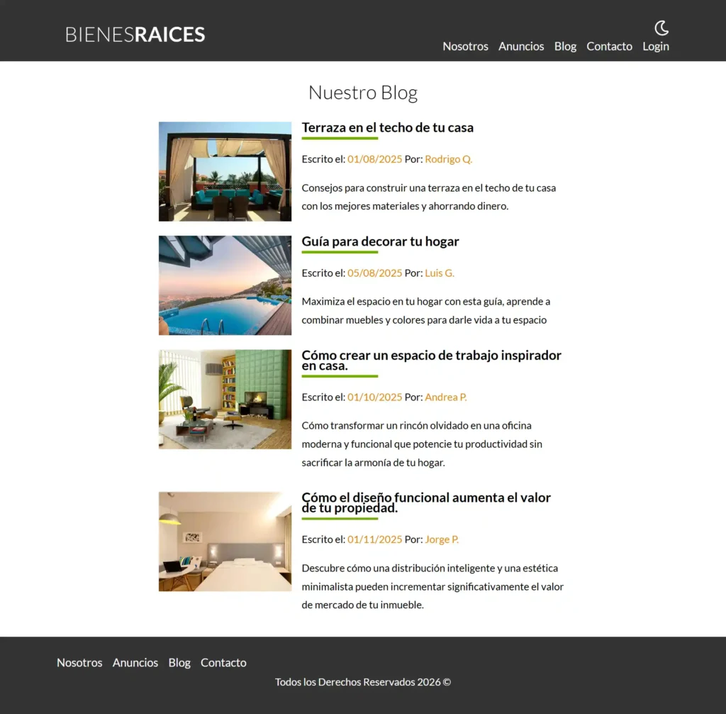 Interfaz del blog de noticias y consejos del sector en la página web inmobiliaria.