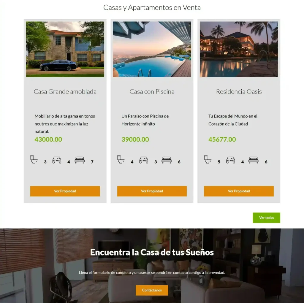 Vista de la estructura y secciones clave de una página web inmobiliaria integral.