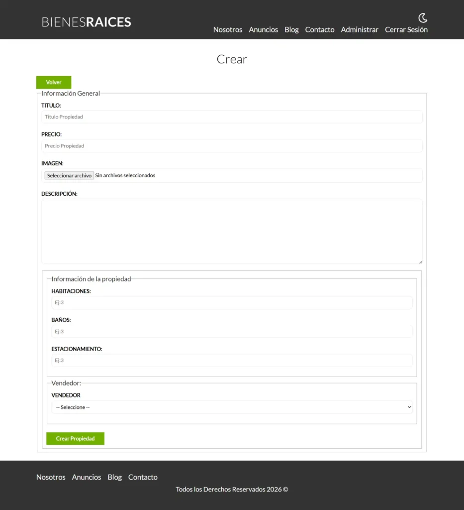 Interfaz de carga y edición de nuevos inmuebles dentro de la página web inmobiliaria.