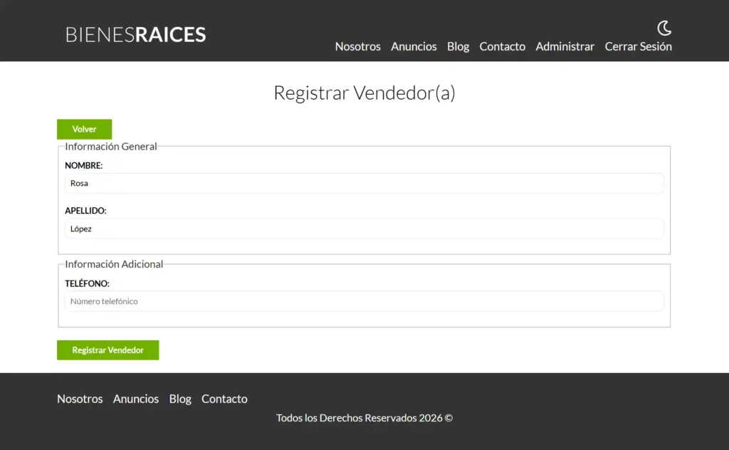 Módulo de administración de agentes y equipo comercial de la página web inmobiliaria.