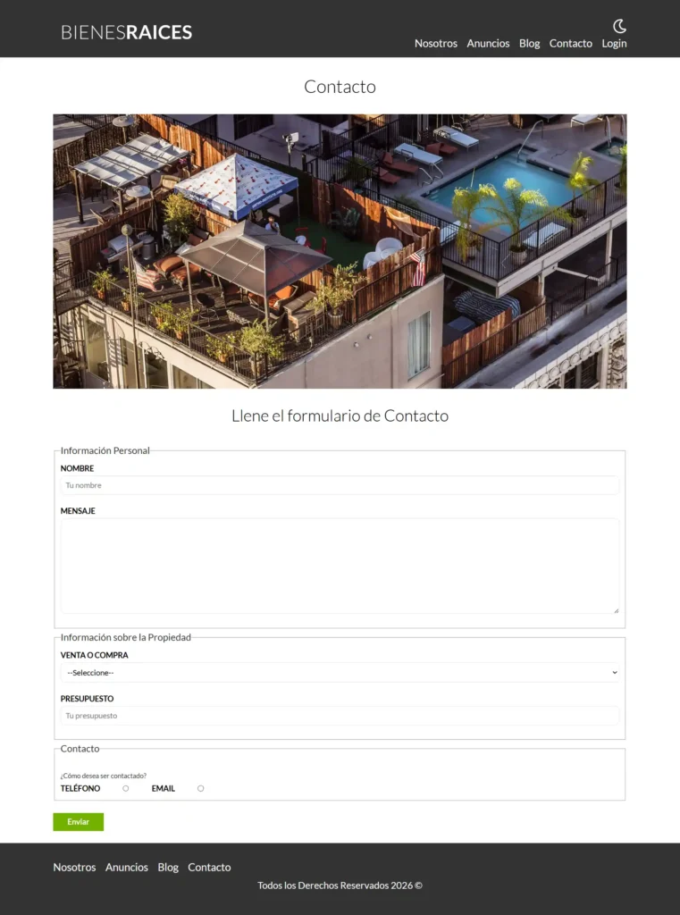 Formulario de captación de leads y contacto directo en la página web inmobiliaria.