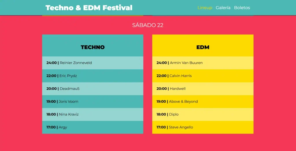 Segunda sección de programación en la landing page con diseño cromático para destacar el cronograma del festival.