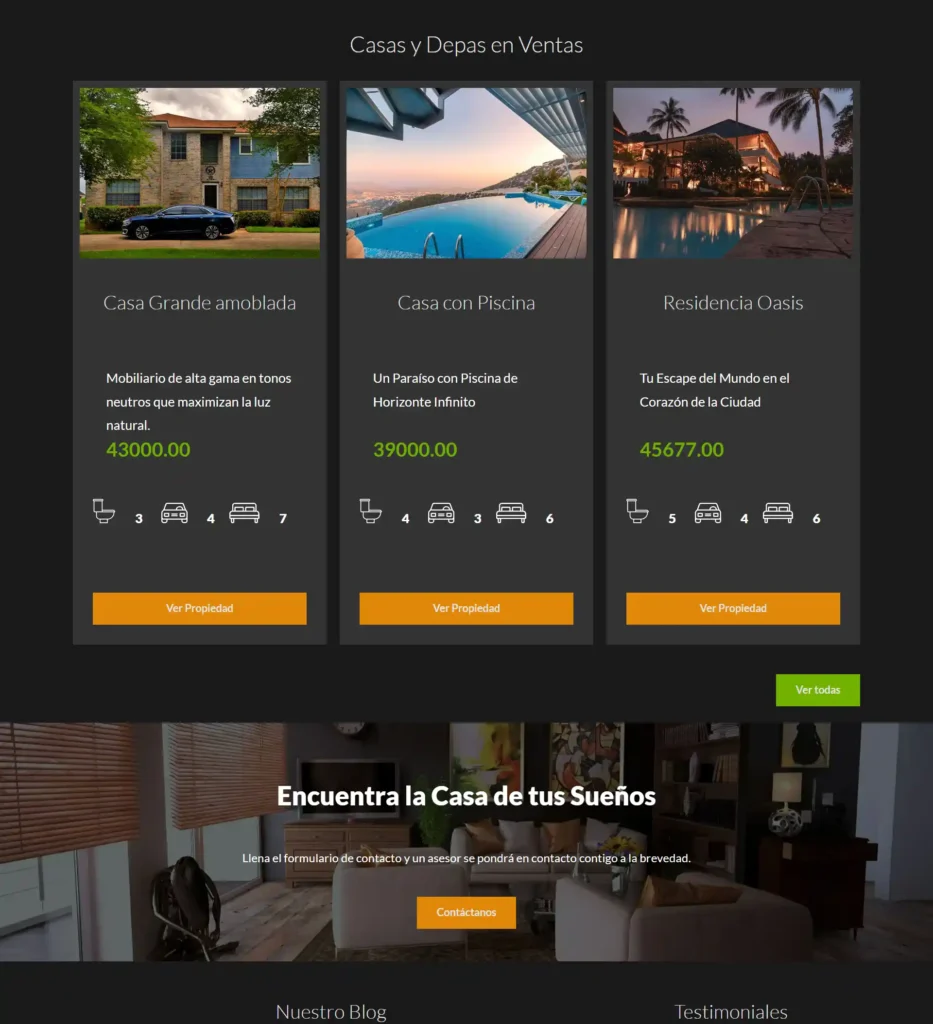 Interfaz visual de la página web inmobiliaria en modo oscuro nativo para mejor experiencia de usuario.