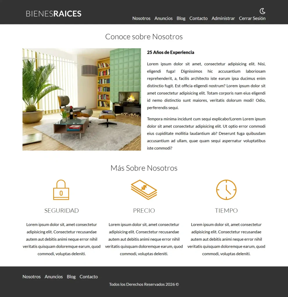 Sección de branding y valores de marca diseñada para una página web inmobiliaria corporativa.
