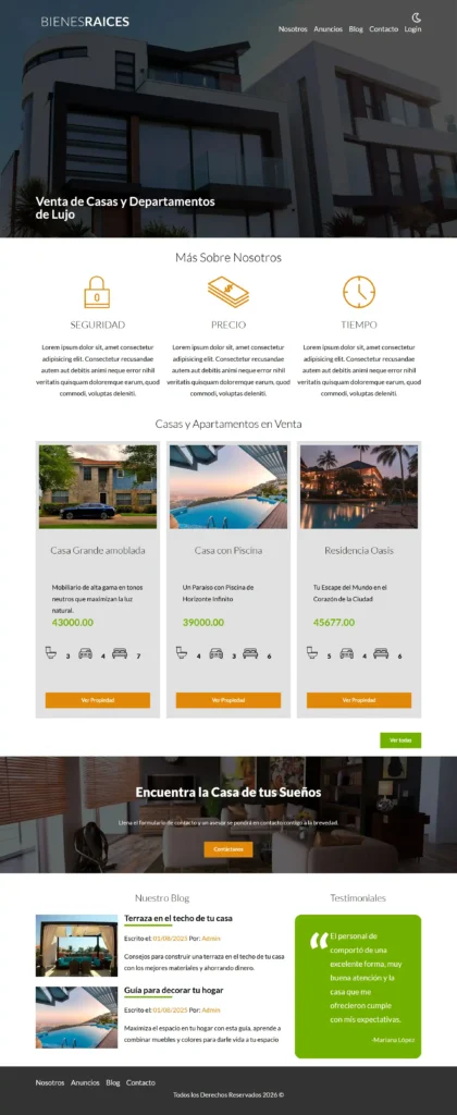 Captura de pantalla completa (Full page) del diseño final de la página web inmobiliaria.
