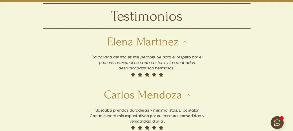 Sección Testimonio Landing Page Esencia