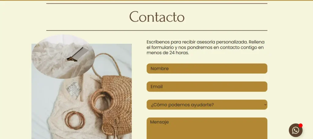Formulario de contacto de la landing page Tienda Esencia